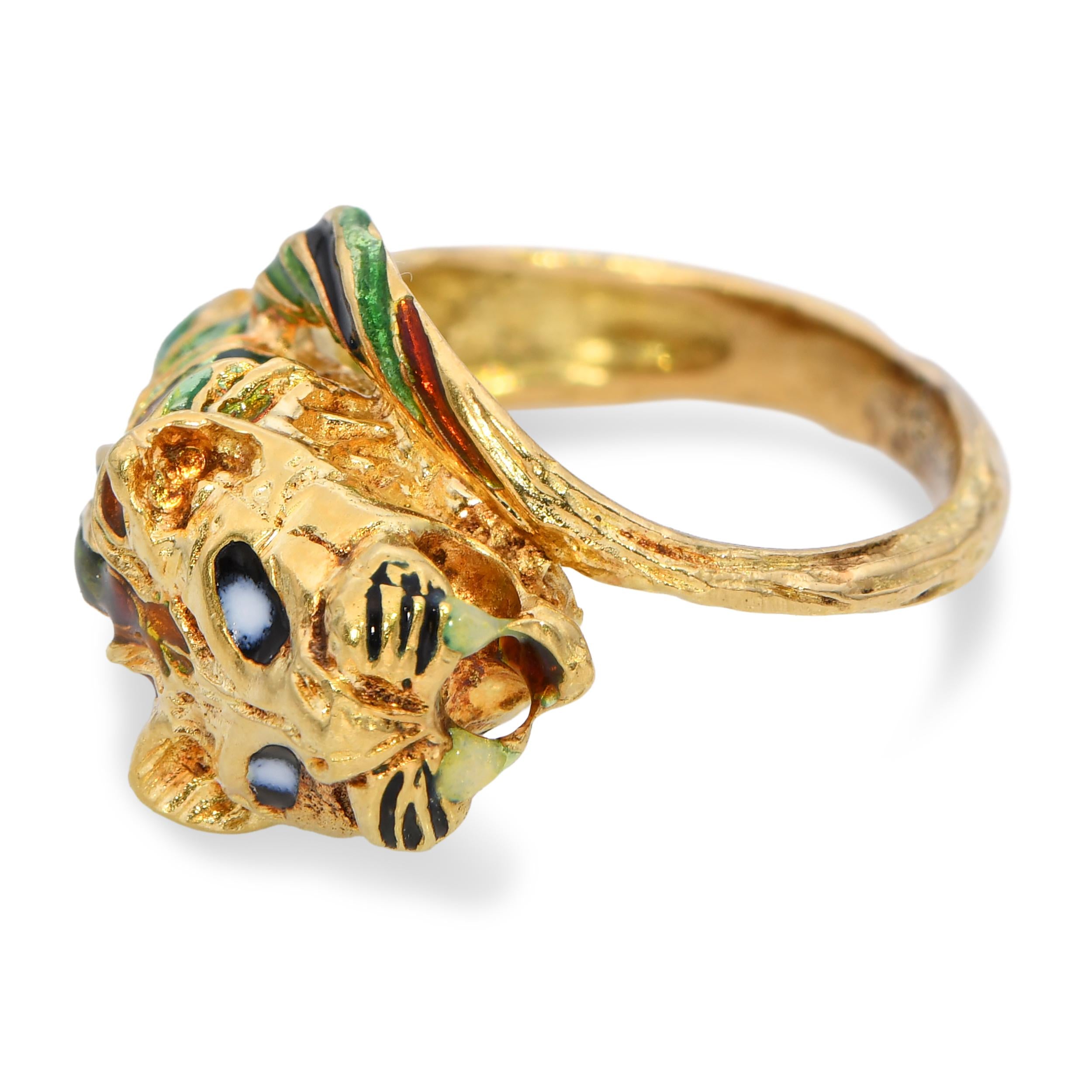 Vintage 14K Yellow Gold Green & Amber Enamel Tiger Head Statement Ring