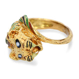 Vintage 14K Yellow Gold Green & Amber Enamel Tiger Head Statement Ring