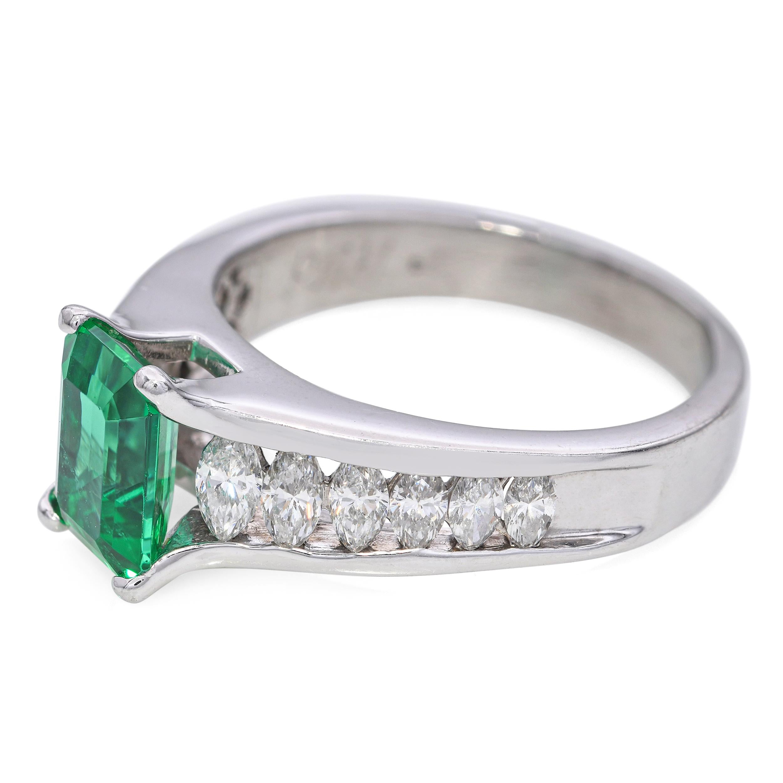Platinum GIA F1 1.80ct Zambian Emerald and Marquise Diamond Ring