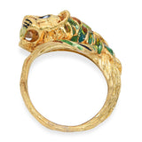 Vintage 14K Yellow Gold Green & Amber Enamel Tiger Head Statement Ring