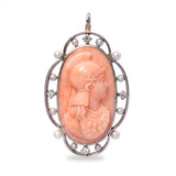 Edwardian Platinum-Topped 13k Gold Coral, Pearl and Diamond Cameo Athena Pendant