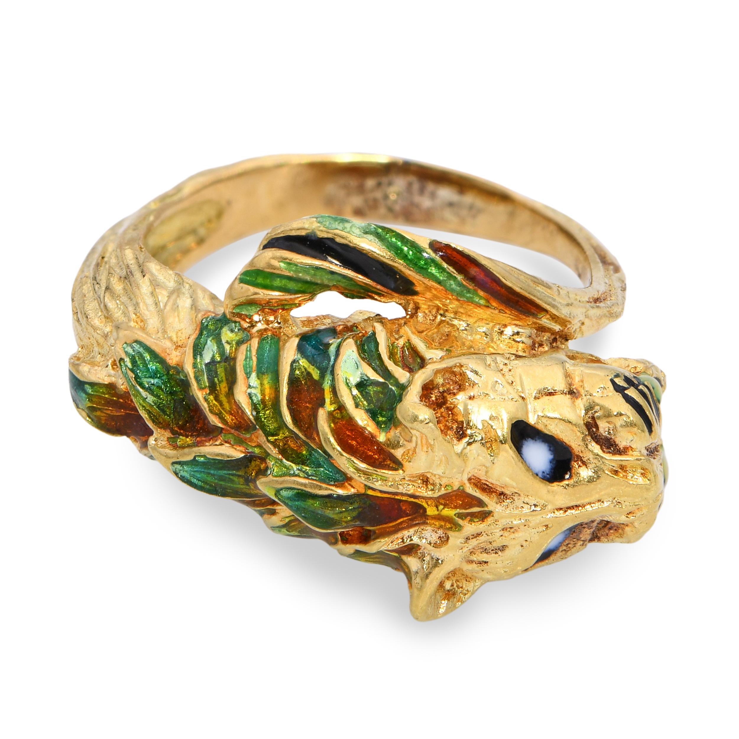 Vintage 14K Yellow Gold Green & Amber Enamel Tiger Head Statement Ring