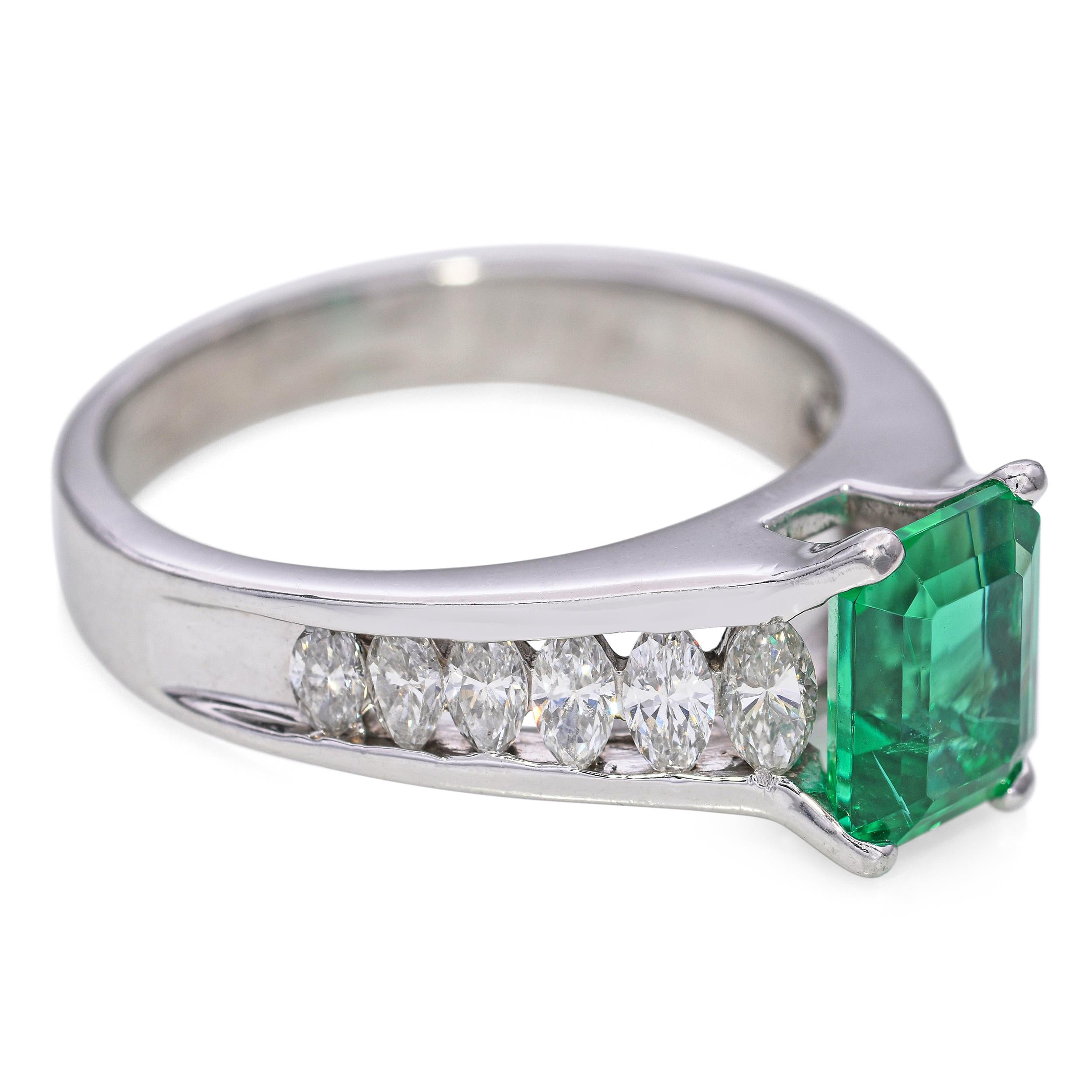 Platinum GIA F1 1.80ct Zambian Emerald and Marquise Diamond Ring