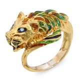 Vintage 14K Yellow Gold Green & Amber Enamel Tiger Head Statement Ring
