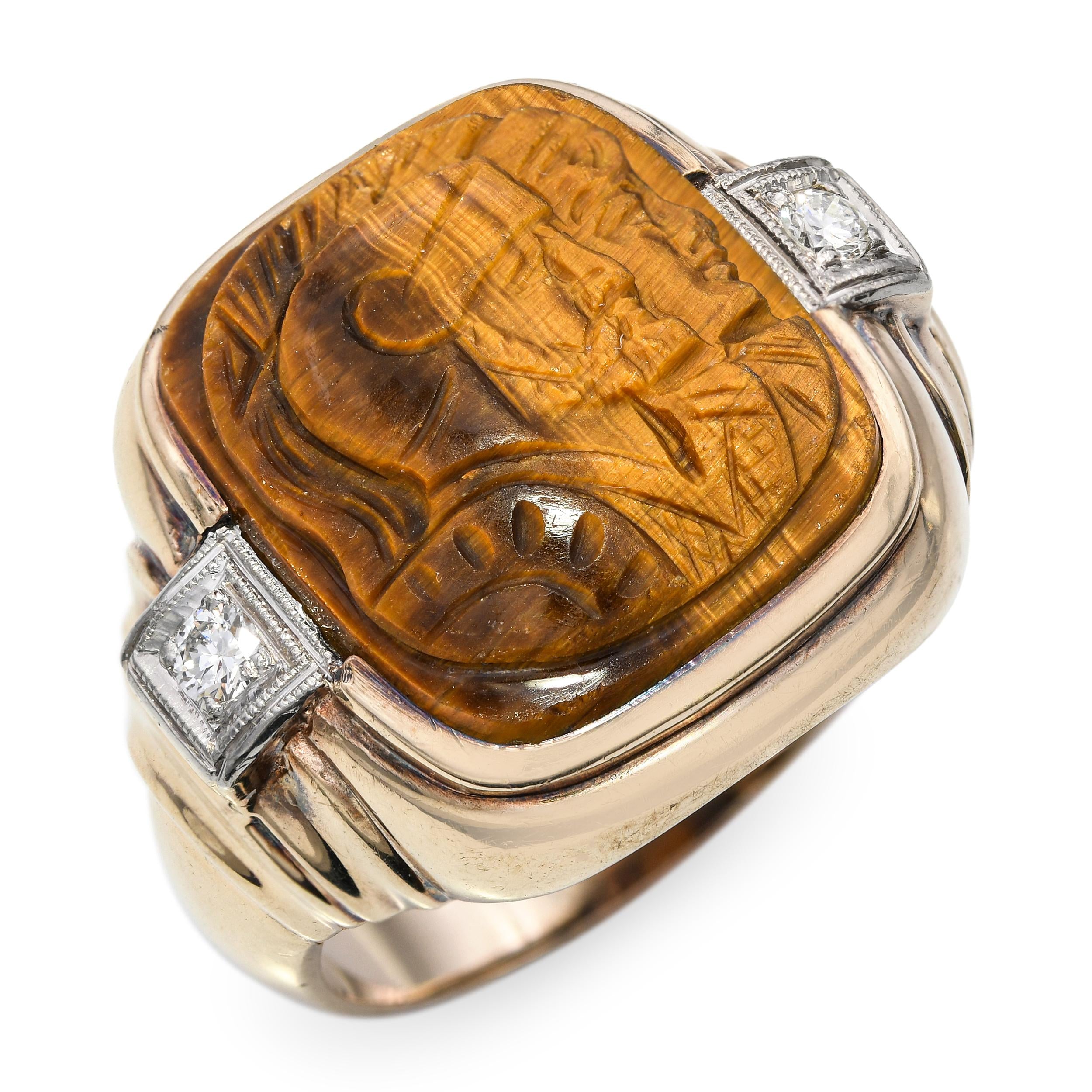 Vintage 10k Yellow Gold Tigers Eye Cameo and Diamond Ring