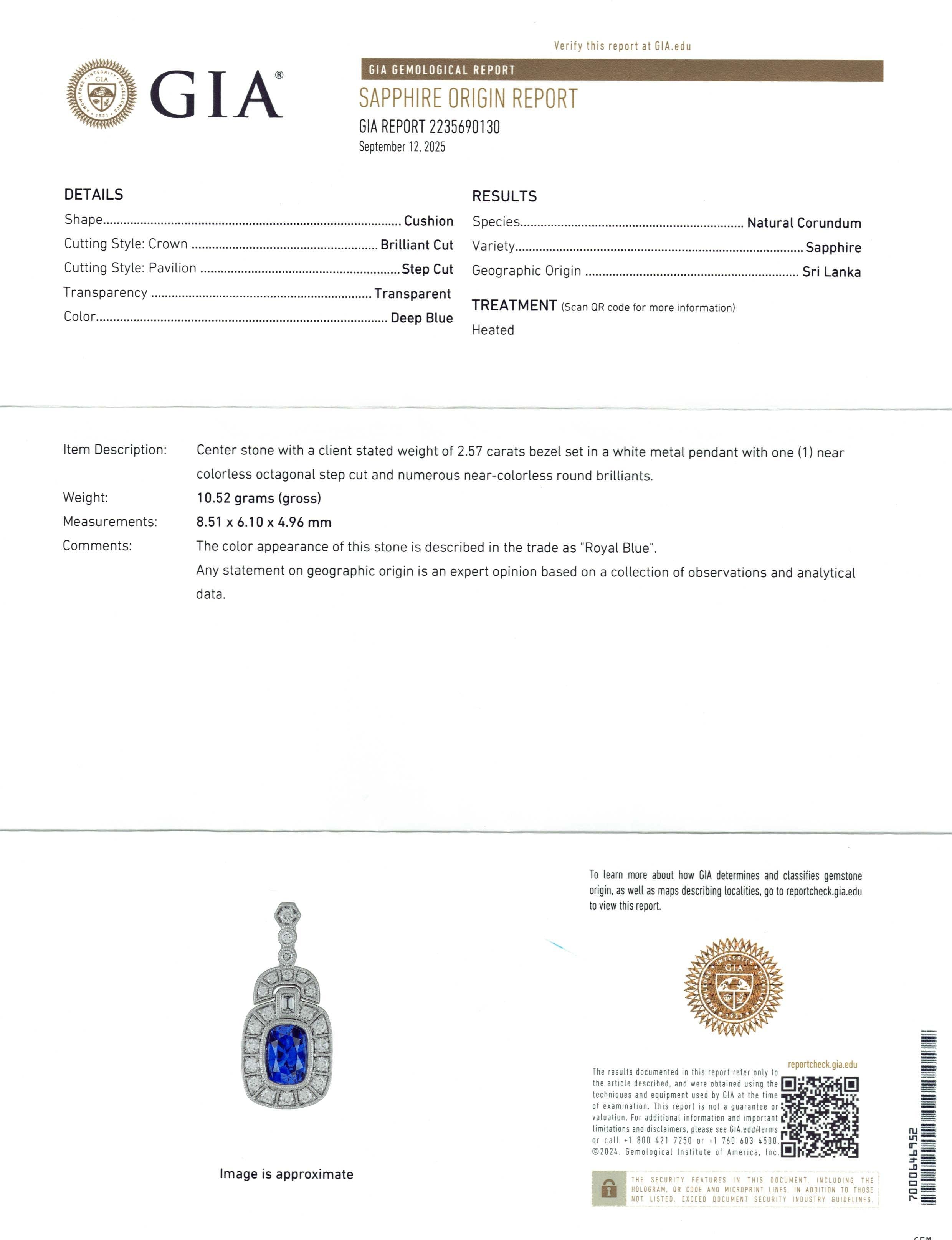 Platinum 2.57ct Ceylon Deep Royal Blue Sapphire & Diamond Pendant