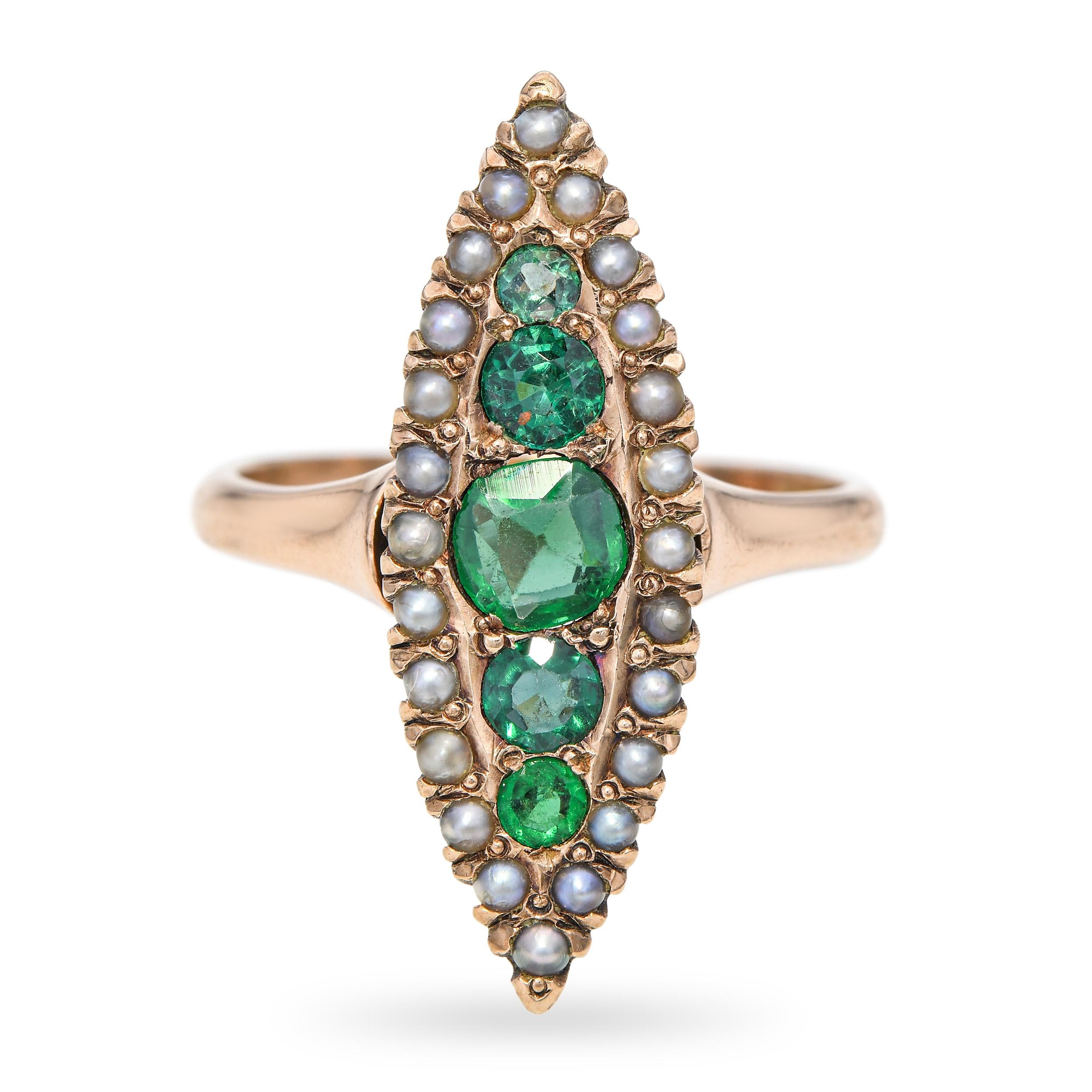 Antique 10k Yellow Gold 0.70tcw Emerald and Pearl Navette Ring