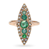Antique 10k Yellow Gold 0.70tcw Emerald and Pearl Navette Ring