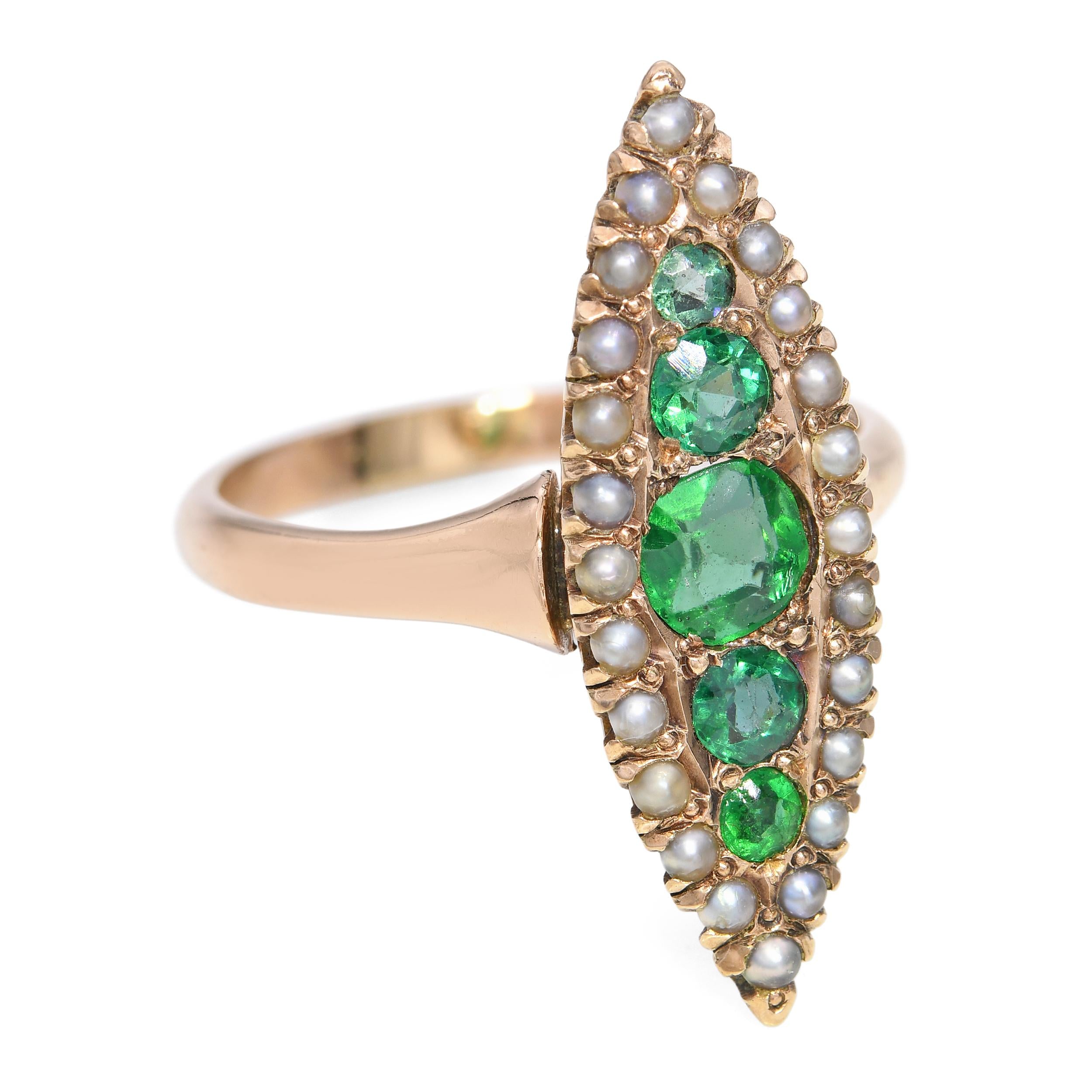 Antique 10k Yellow Gold 0.70tcw Emerald and Pearl Navette Ring