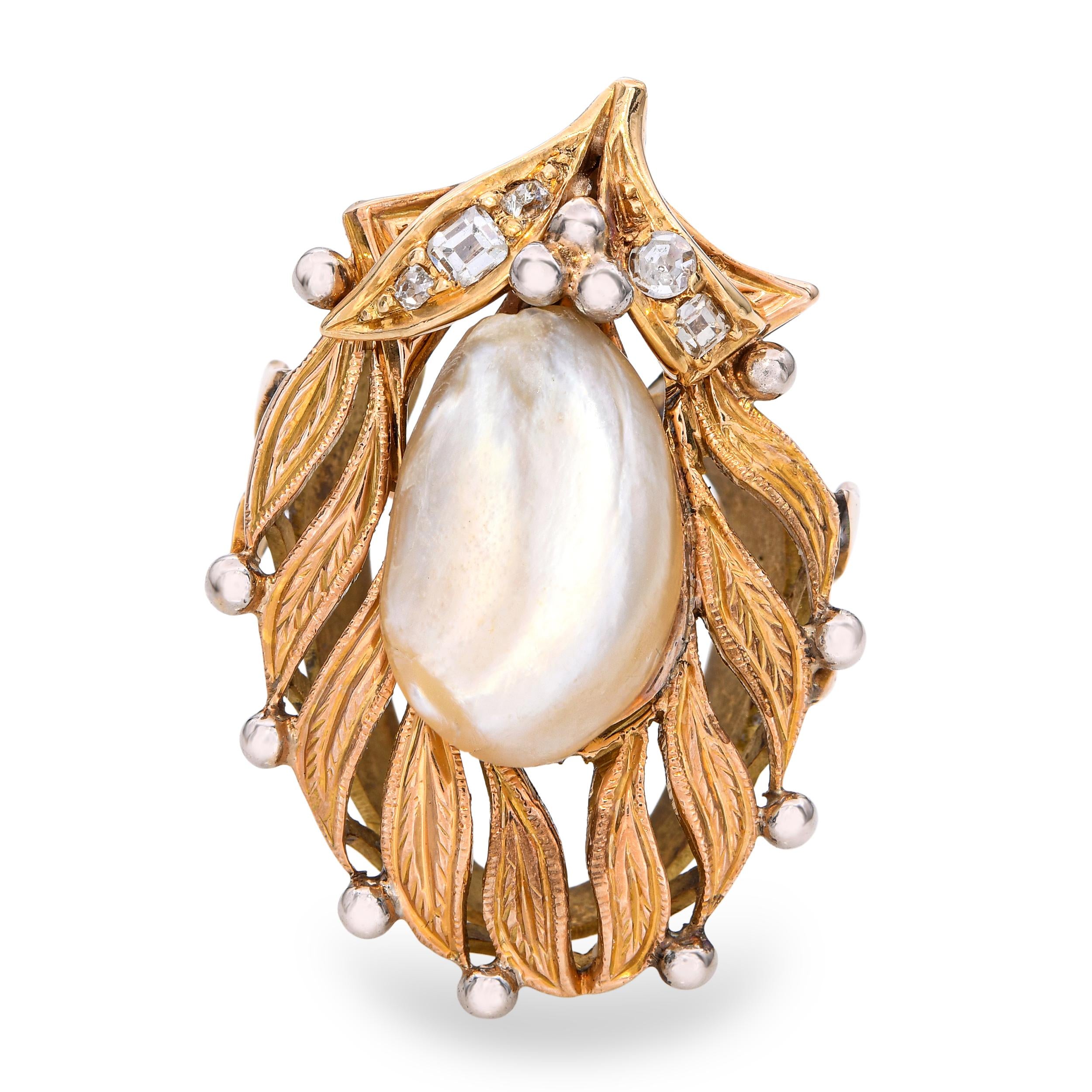 Antique Yellow Gold Pearl & Diamond Statement Ring Ornate Leaf Motif