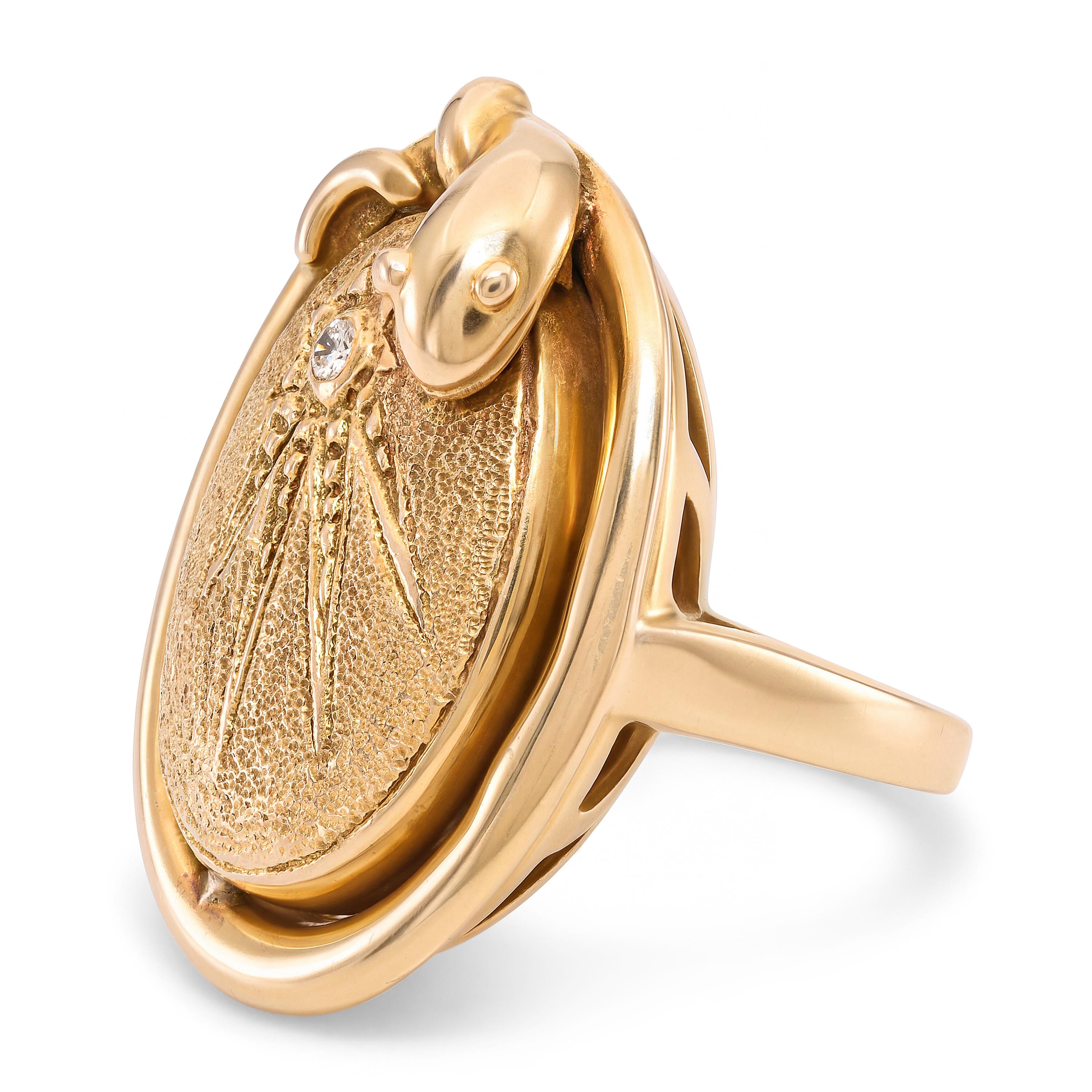 Antique 13k Yellow Gold Diamond Snake and Shooting Star Ring