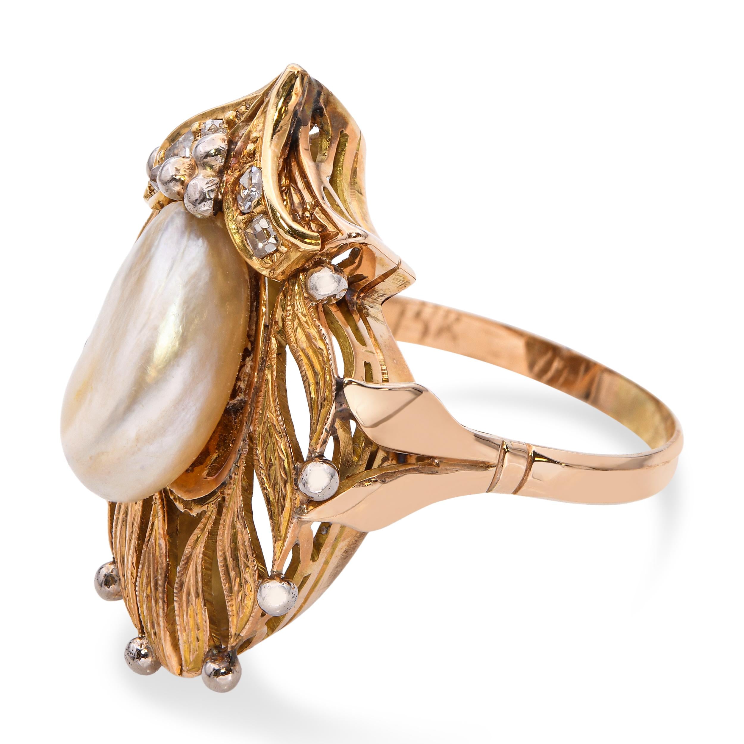 Antique Yellow Gold Pearl & Diamond Statement Ring Ornate Leaf Motif