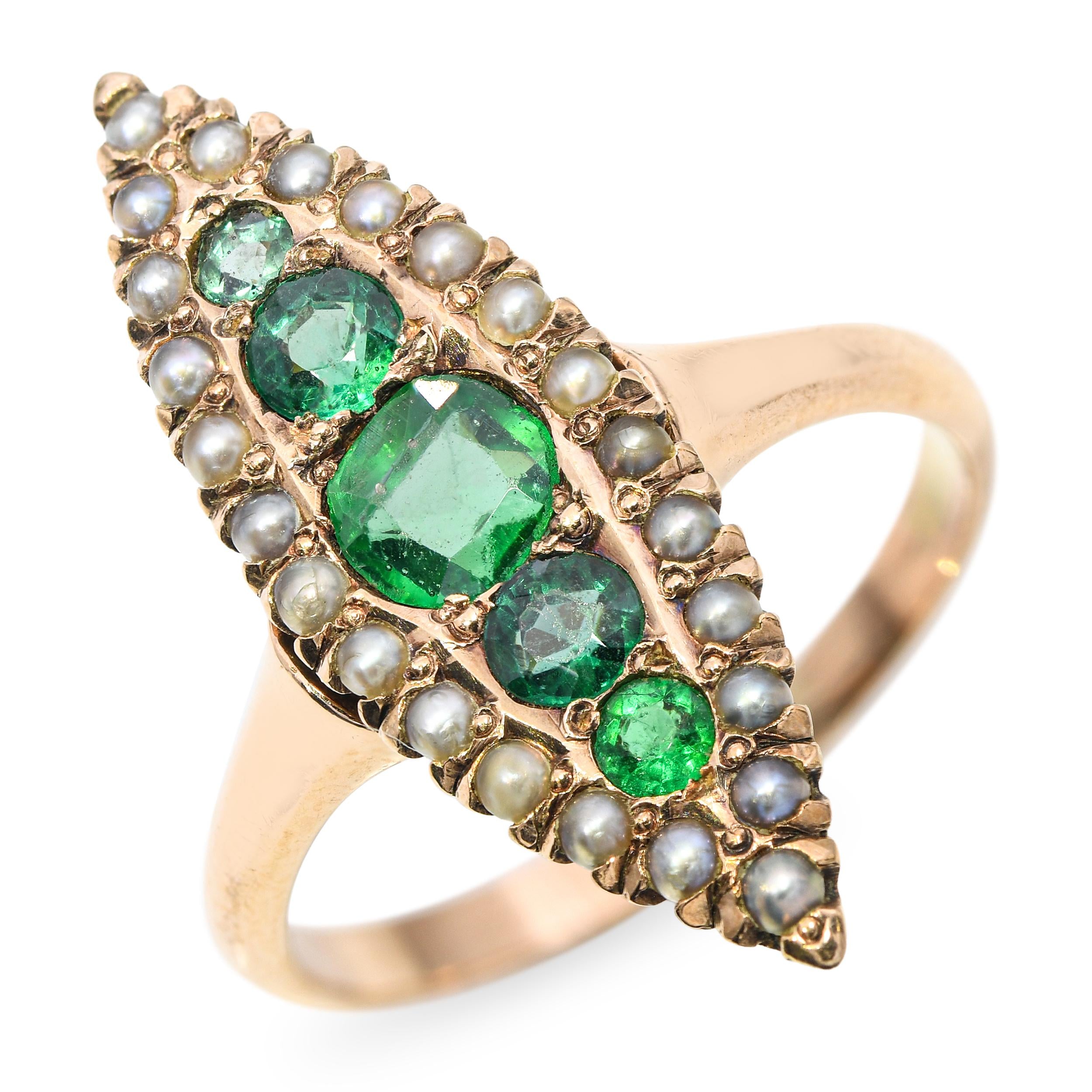 Antique 10k Yellow Gold 0.70tcw Emerald and Pearl Navette Ring
