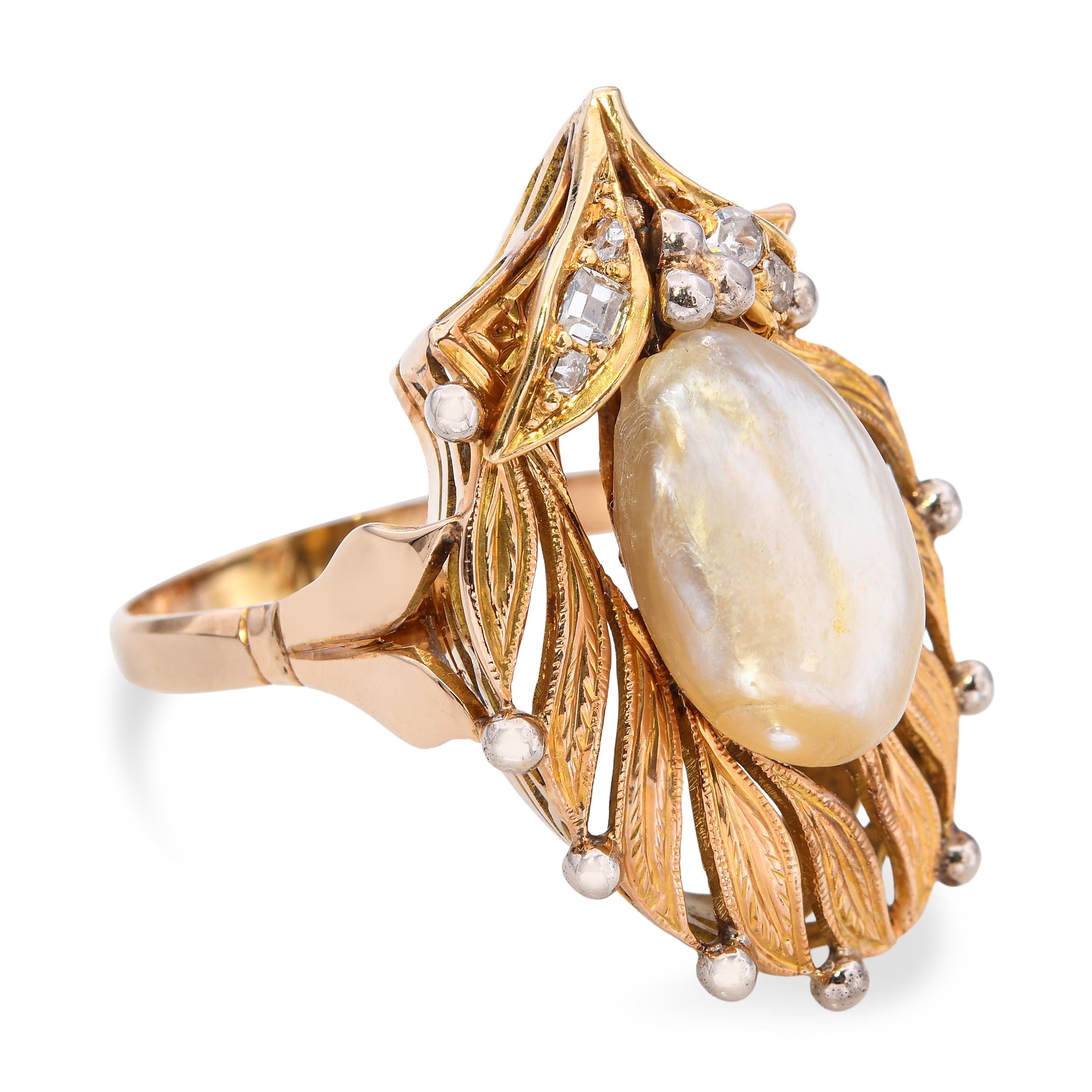 Antique Yellow Gold Pearl & Diamond Statement Ring Ornate Leaf Motif