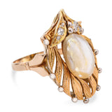 Antique Yellow Gold Pearl & Diamond Statement Ring Ornate Leaf Motif