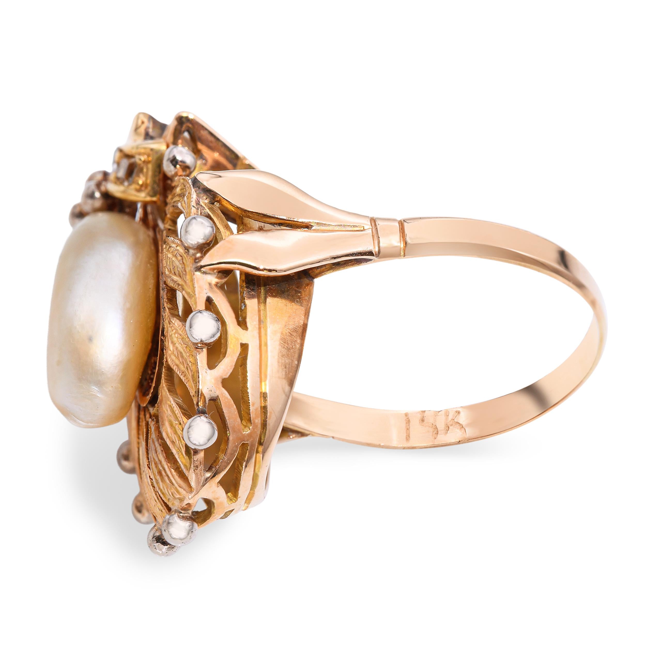 Antique Yellow Gold Pearl & Diamond Statement Ring Ornate Leaf Motif