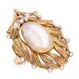 Antique Yellow Gold Pearl & Diamond Statement Ring Ornate Leaf Motif