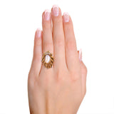 Antique Yellow Gold Pearl & Diamond Statement Ring Ornate Leaf Motif