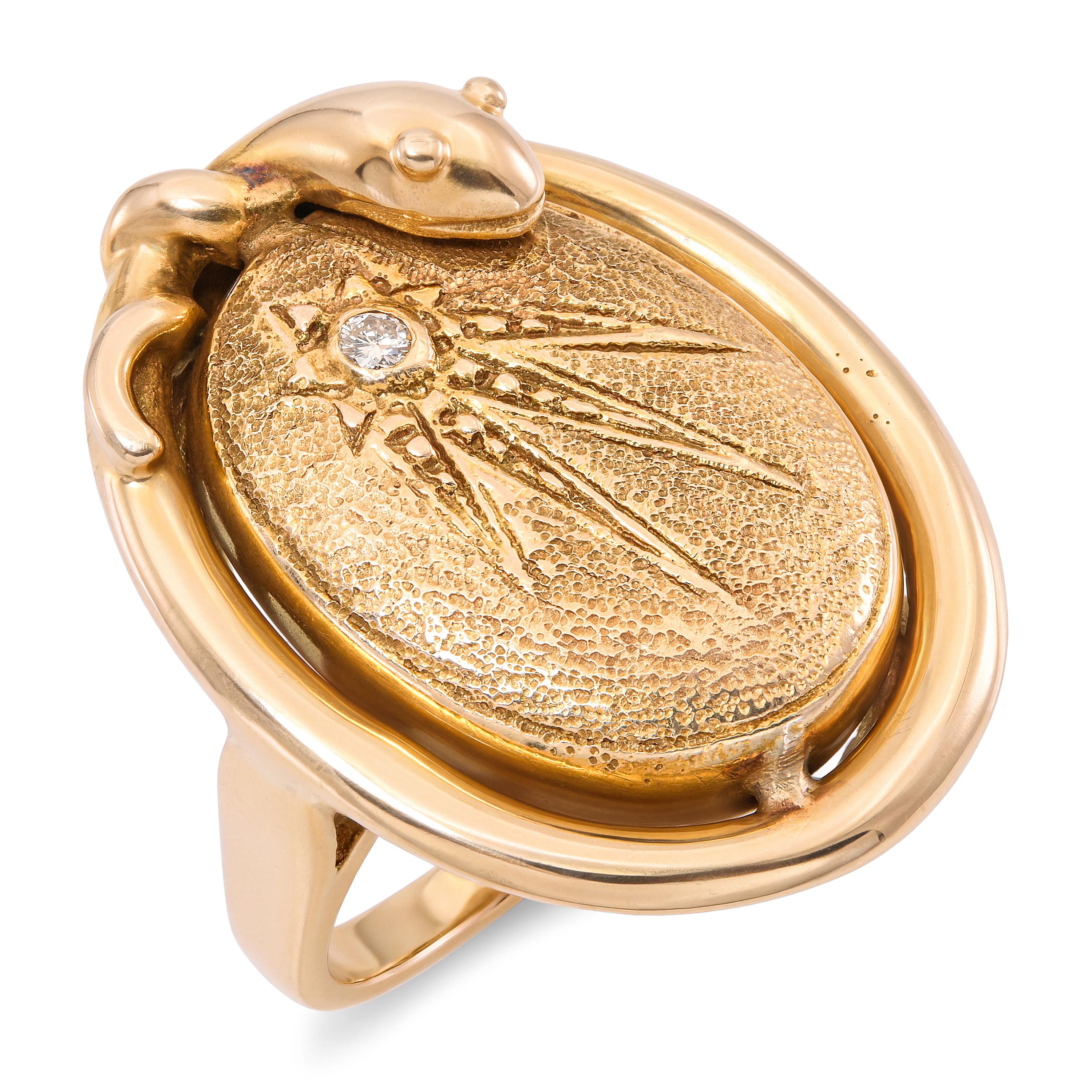Antique 13k Yellow Gold Diamond Snake and Shooting Star Ring