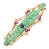 Vintage 14k Yellow Gold Jade and Ruby Bamboo Sheath Carving Brooch