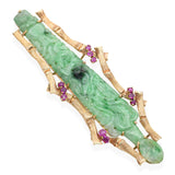 Vintage 14k Yellow Gold Jade and Ruby Bamboo Sheath Carving Brooch