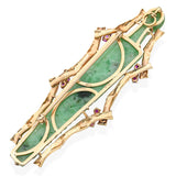 Vintage 14k Yellow Gold Jade and Ruby Bamboo Sheath Carving Brooch