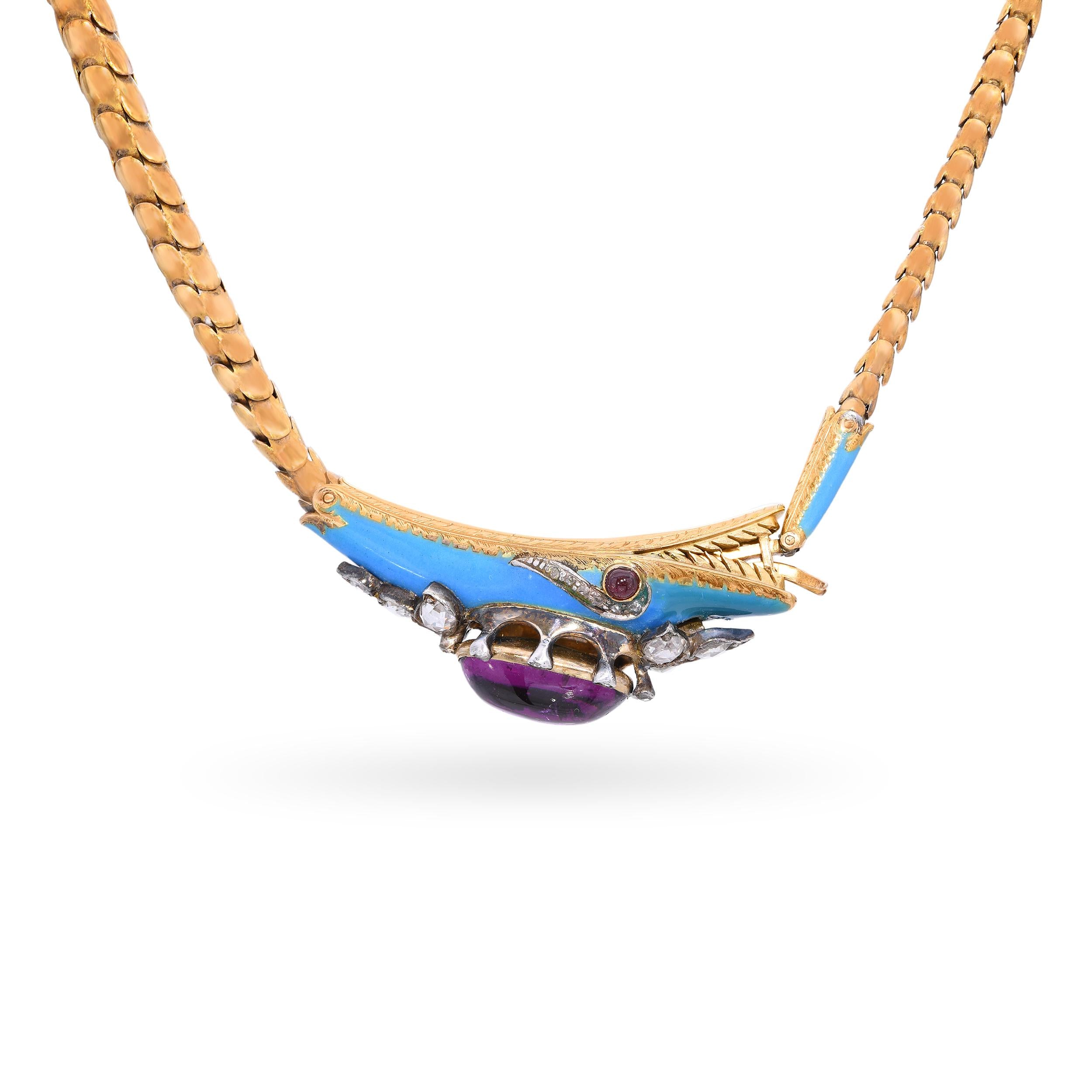 Antique 19k Yellow Gold Rhodolite, Diamond & Enamel Serpentine Necklace