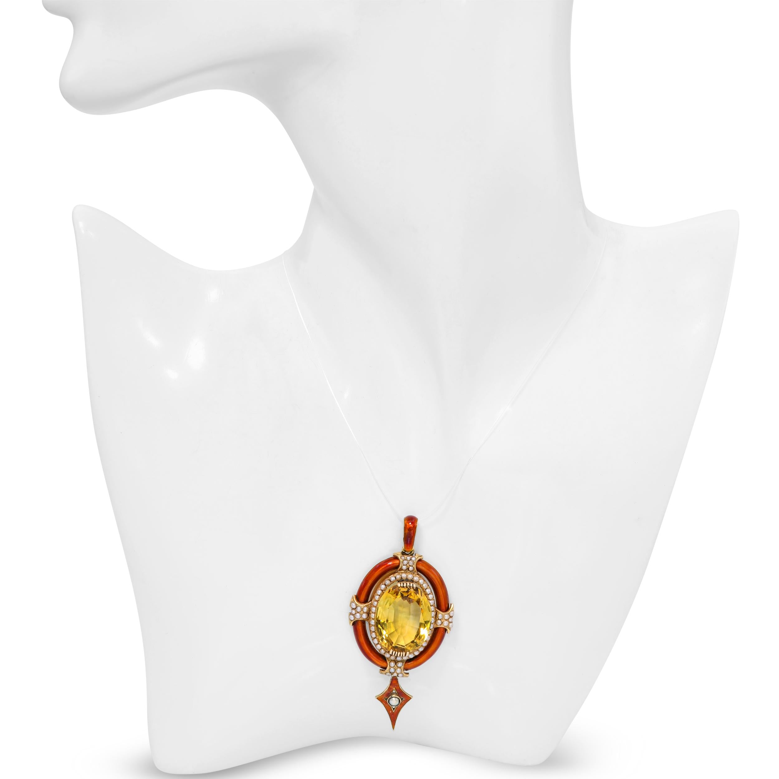 Antique Victorian 19k Yellow Gold Citrine Pearl Enamel Pendant