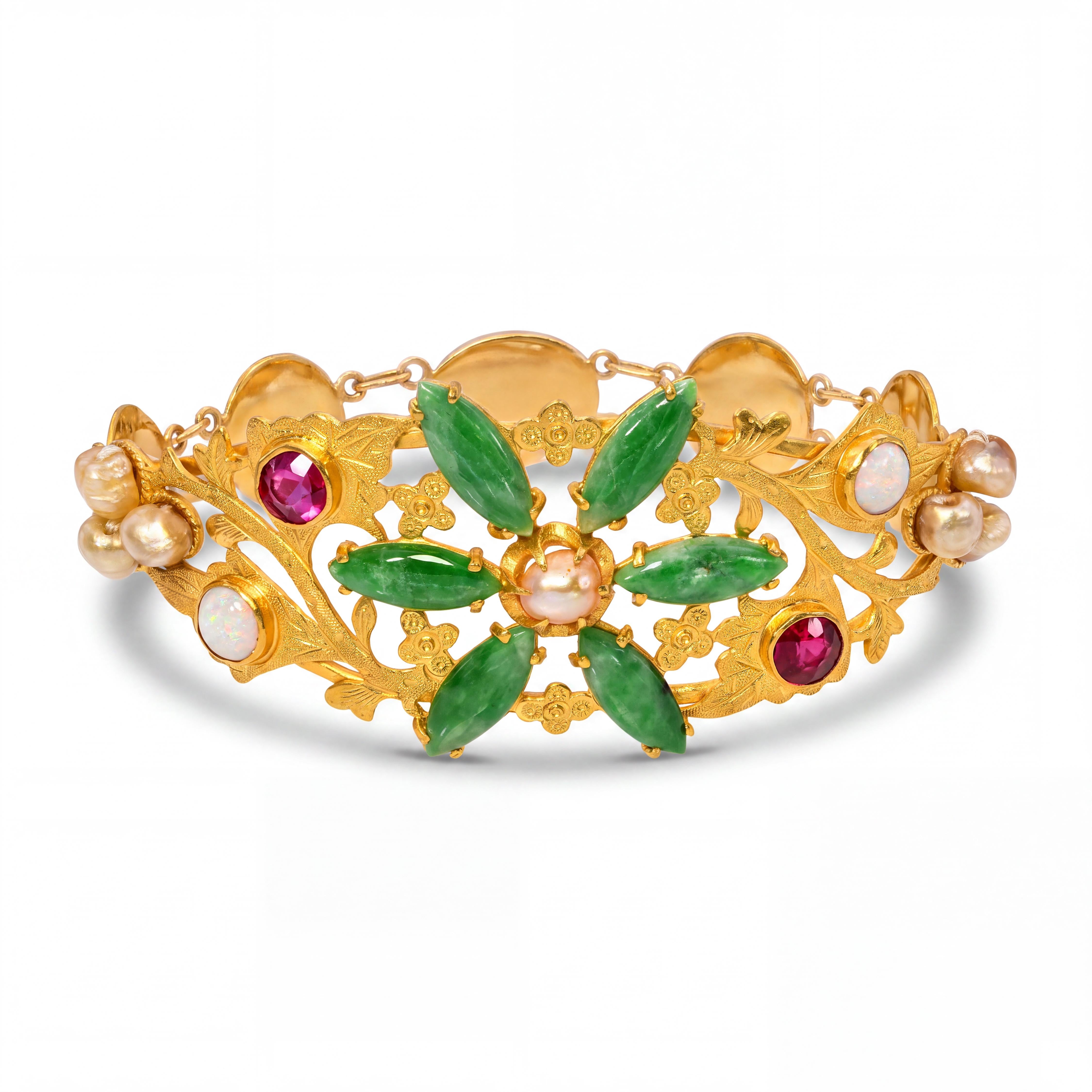 Vintage 24k Yellow Gold Jadeite Jade Pearl Opal and Synthetic Ruby Bracelet