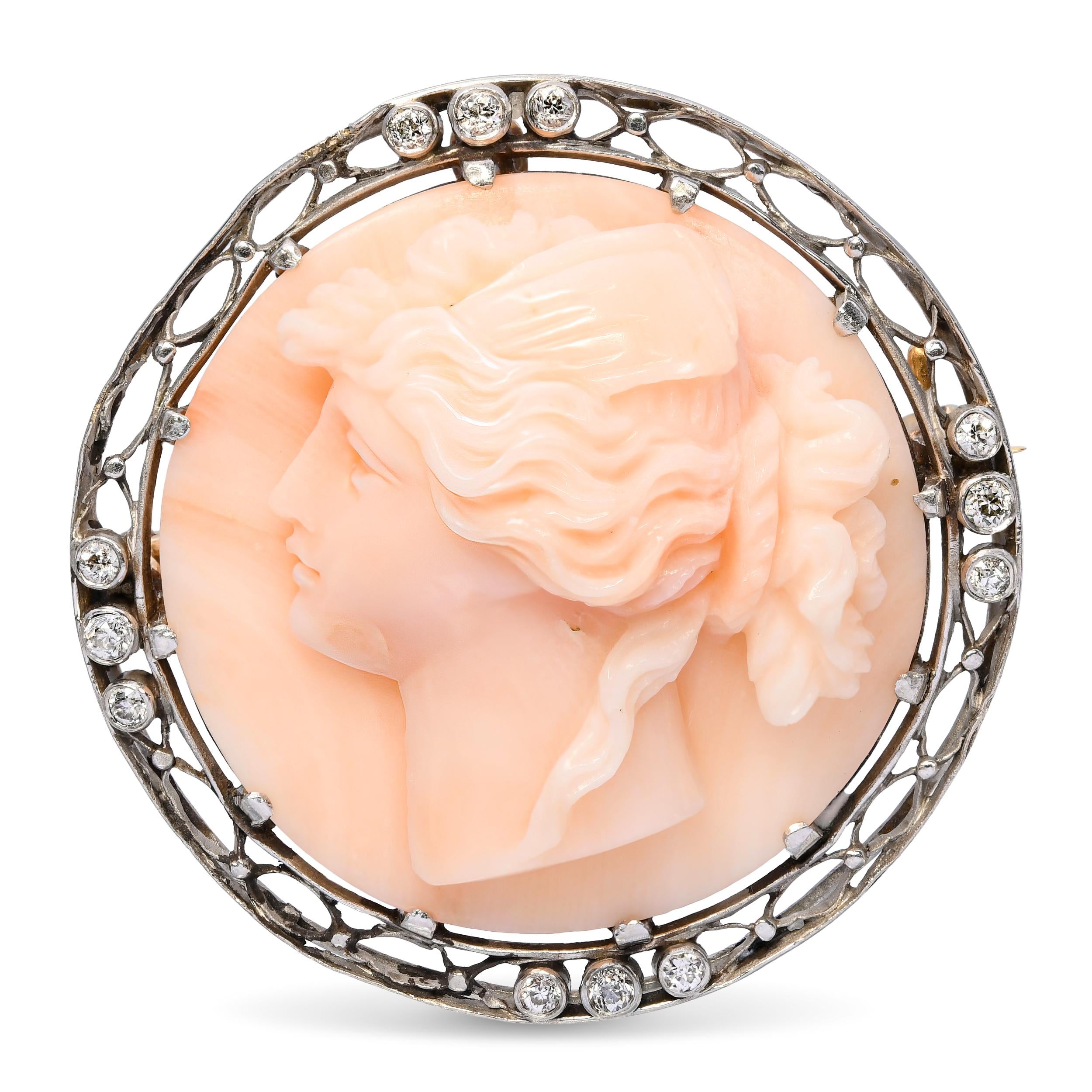 Edwardian Silver and 13k Gold Coral and Diamond Cameo of Psyche Pendant Brooch