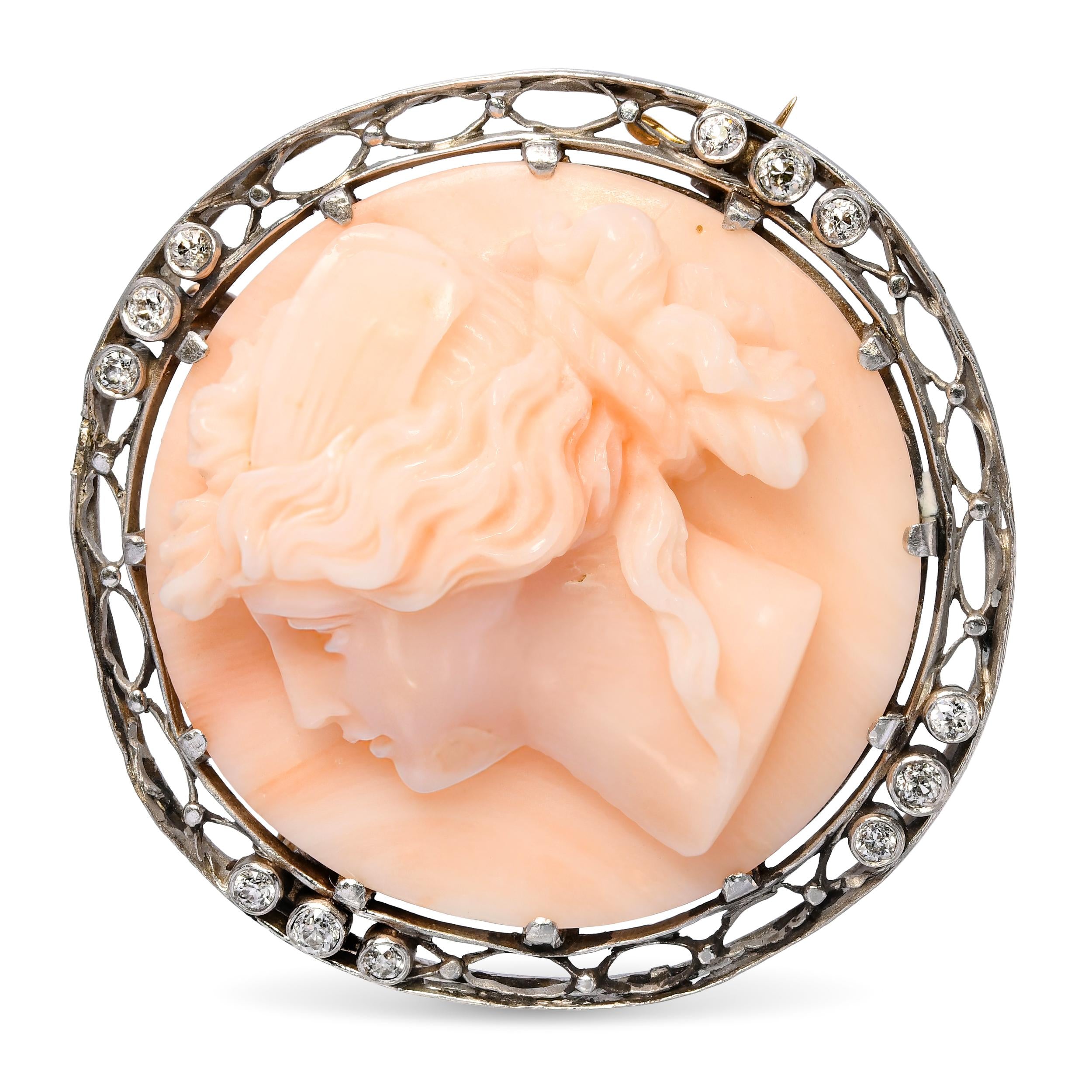 Edwardian Silver and 13k Gold Coral and Diamond Cameo of Psyche Pendant Brooch