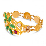 Vintage 24k Yellow Gold Jadeite Jade Pearl Opal and Synthetic Ruby Bracelet