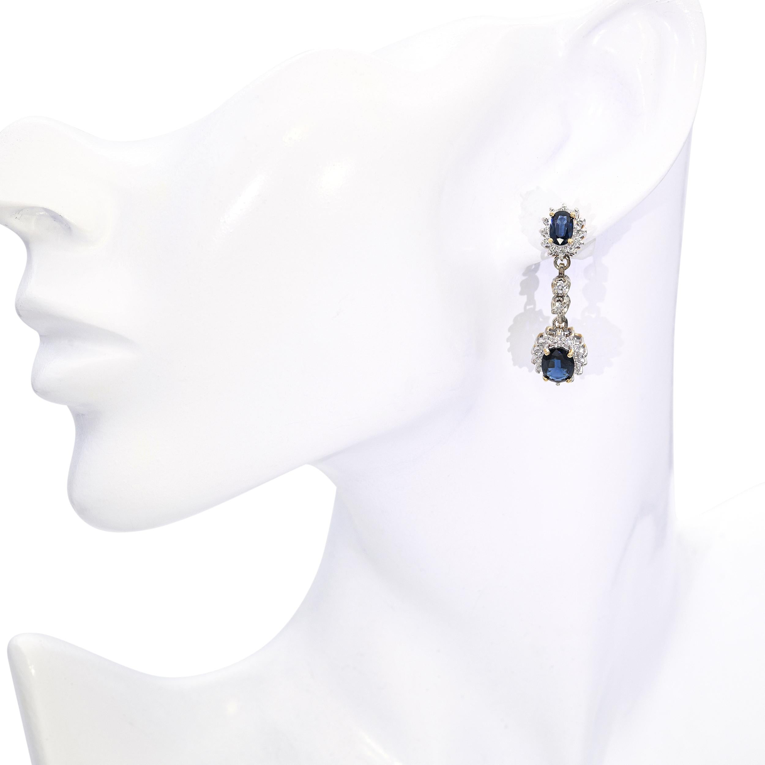 Vintage 14k Two Tone Gold 4.02tcw Sapphire and Diamond Dangle Earrings