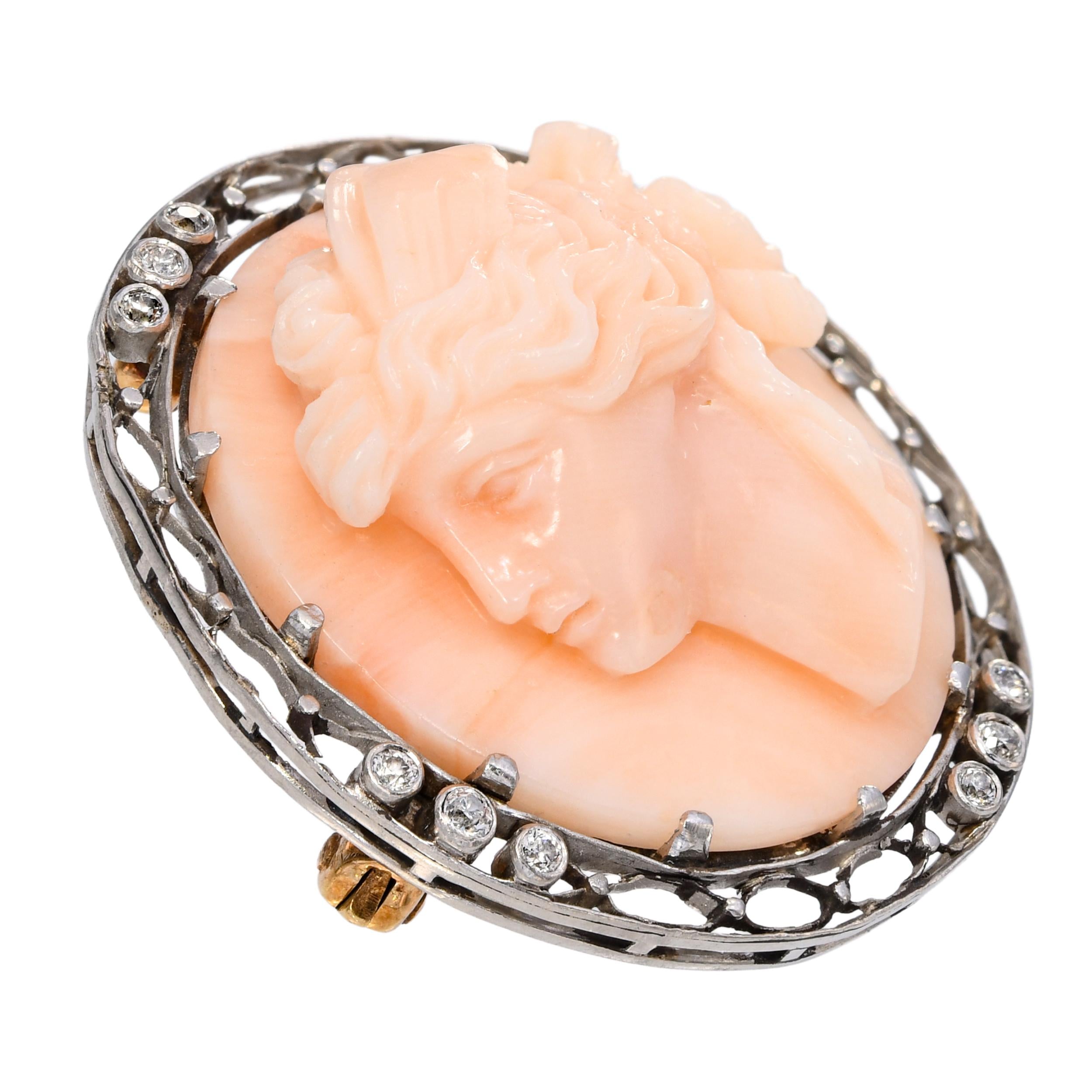 Edwardian Silver and 13k Gold Coral and Diamond Cameo of Psyche Pendant Brooch