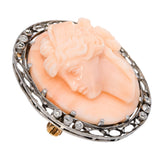 Edwardian Silver and 13k Gold Coral and Diamond Cameo of Psyche Pendant Brooch