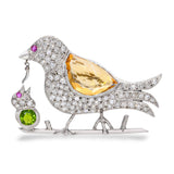 Vintage Precious Metal Alloy Mother & Baby Bird Diamond & Multi Gem Brooch