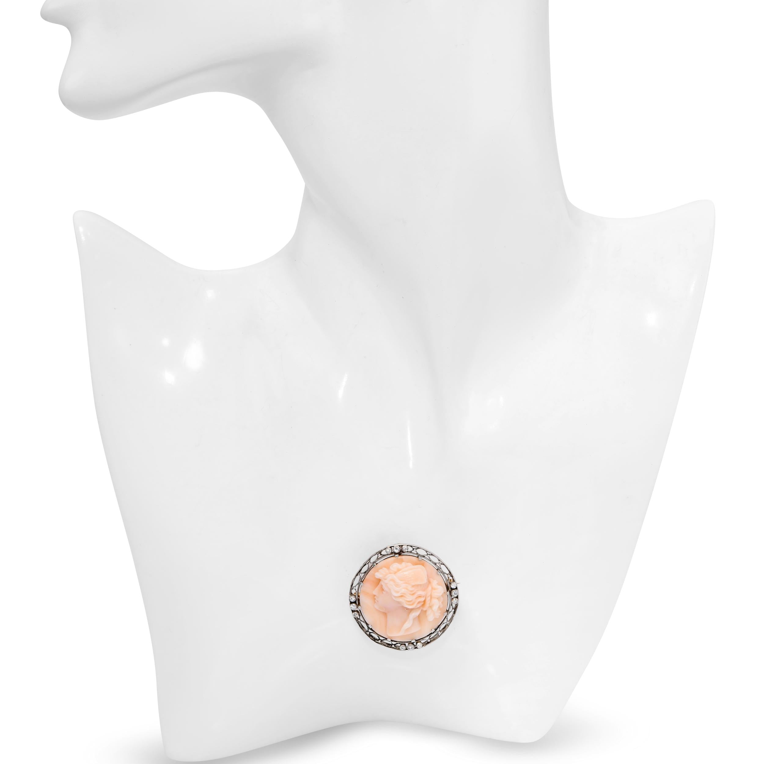 Edwardian Silver and 13k Gold Coral and Diamond Cameo of Psyche Pendant Brooch