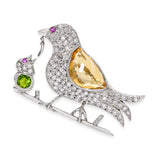 Vintage Precious Metal Alloy Mother & Baby Bird Diamond & Multi Gem Brooch