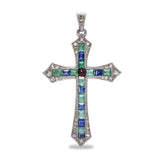 Antique Platinum-Topped 18k Gold Diamond, Sapphire, Emerald Cross Pendant