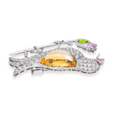 Vintage Precious Metal Alloy Mother & Baby Bird Diamond & Multi Gem Brooch