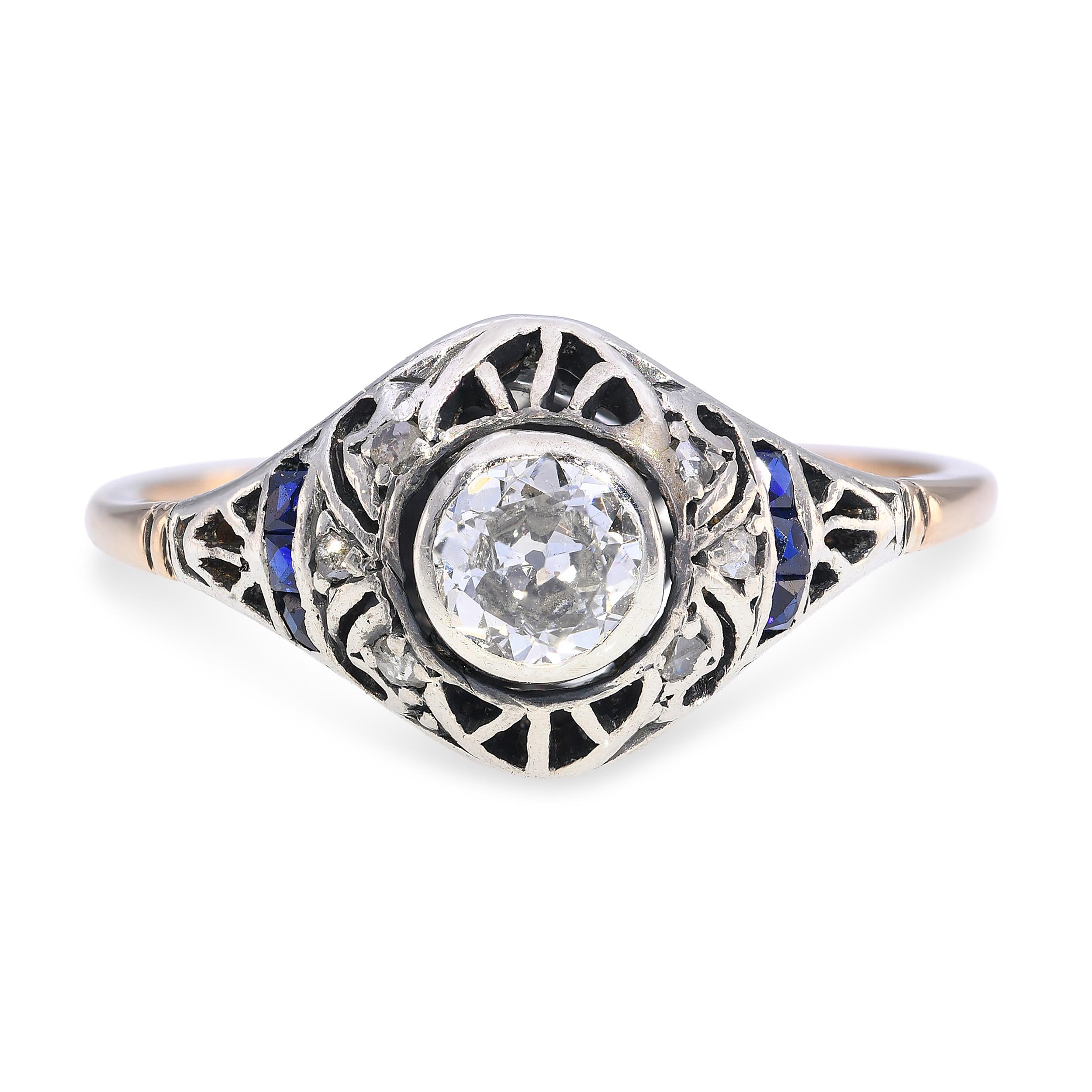 Antique Yellow Gold & Silver Topped .40ct Diamond & Sapphire Ring