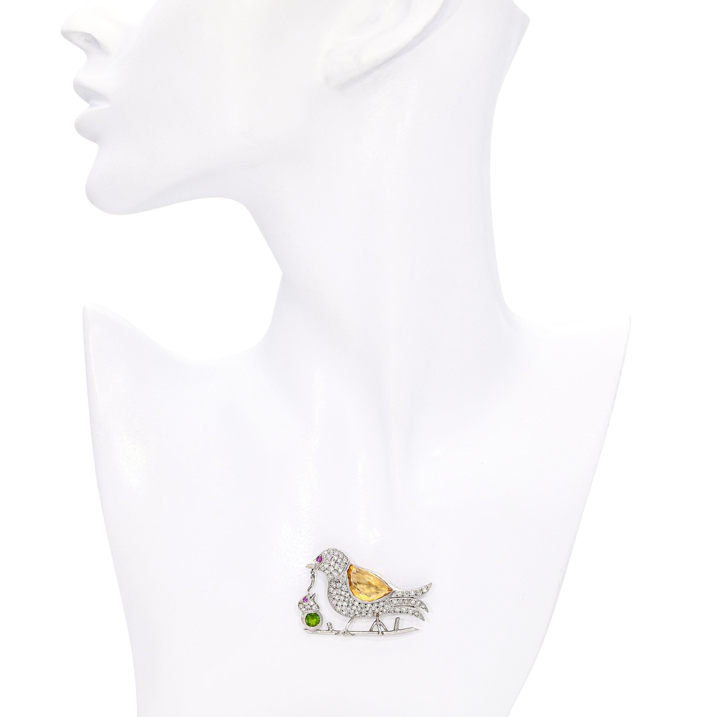 Vintage Precious Metal Alloy Mother & Baby Bird Diamond & Multi Gem Brooch