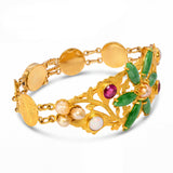 Vintage 24k Yellow Gold Jadeite Jade Pearl Opal and Synthetic Ruby Bracelet