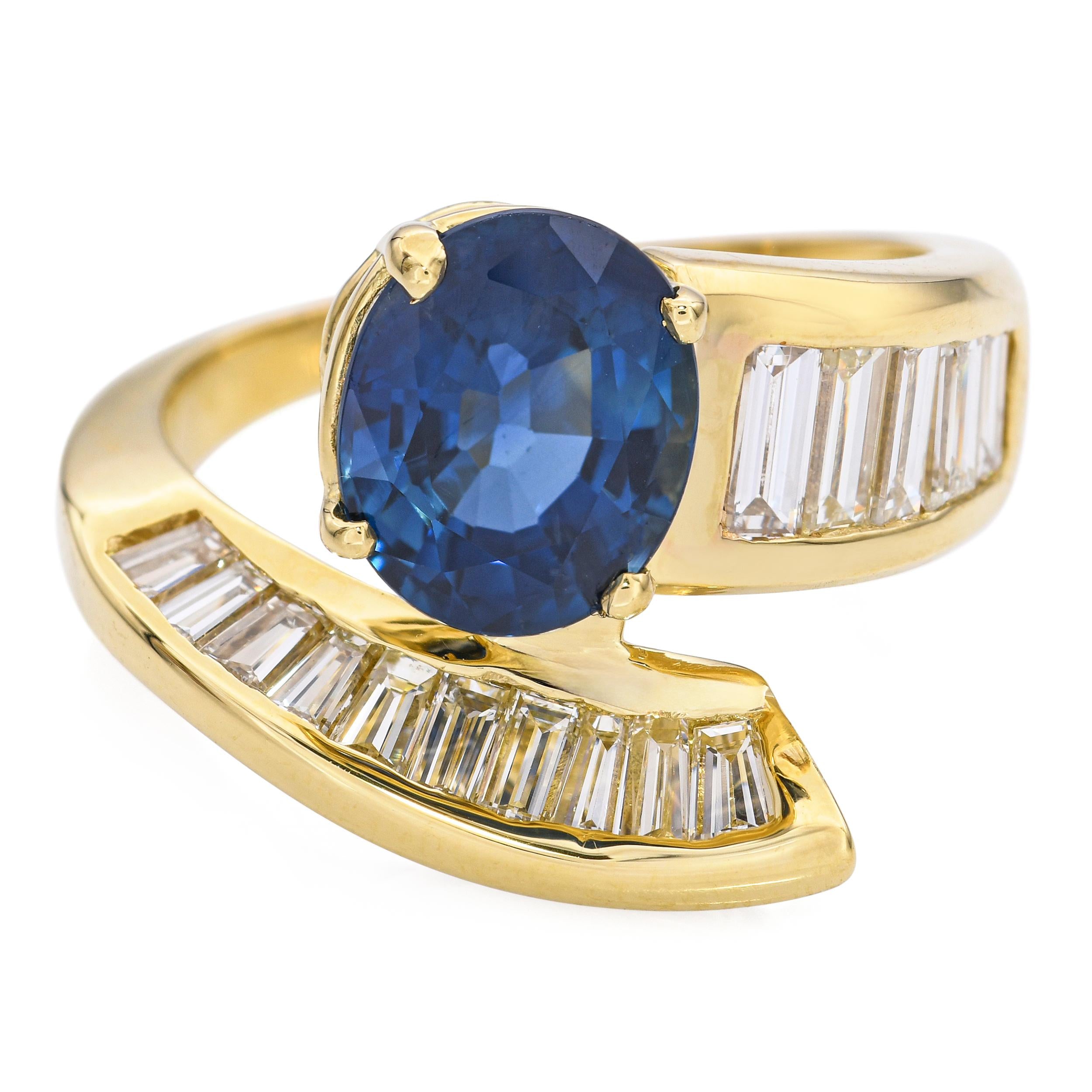 18k Yellow Gold 2.70ct Ceylon Sapphire and Diamond Bypass Ring