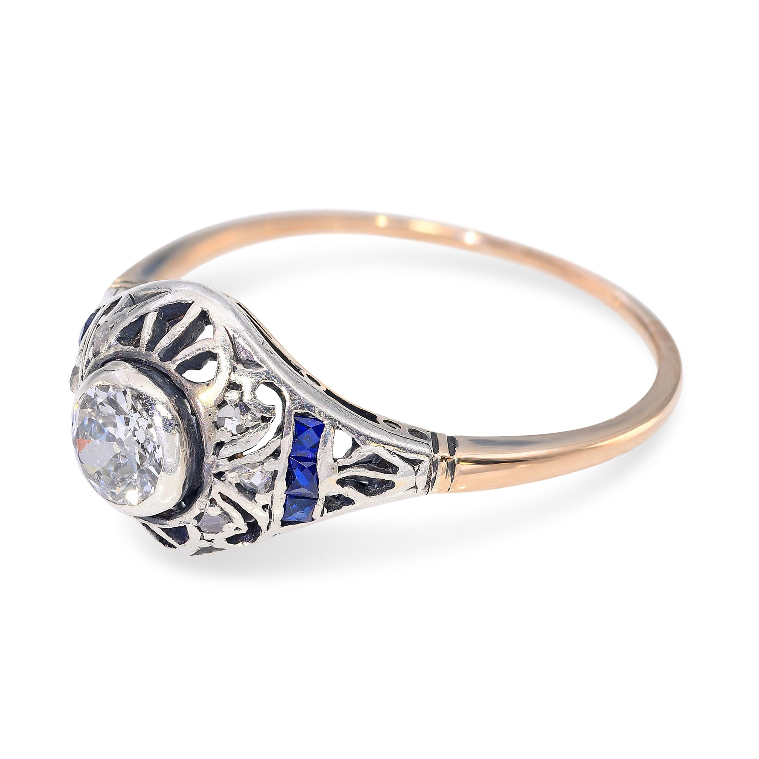 Antique Yellow Gold & Silver Topped .40ct Diamond & Sapphire Ring