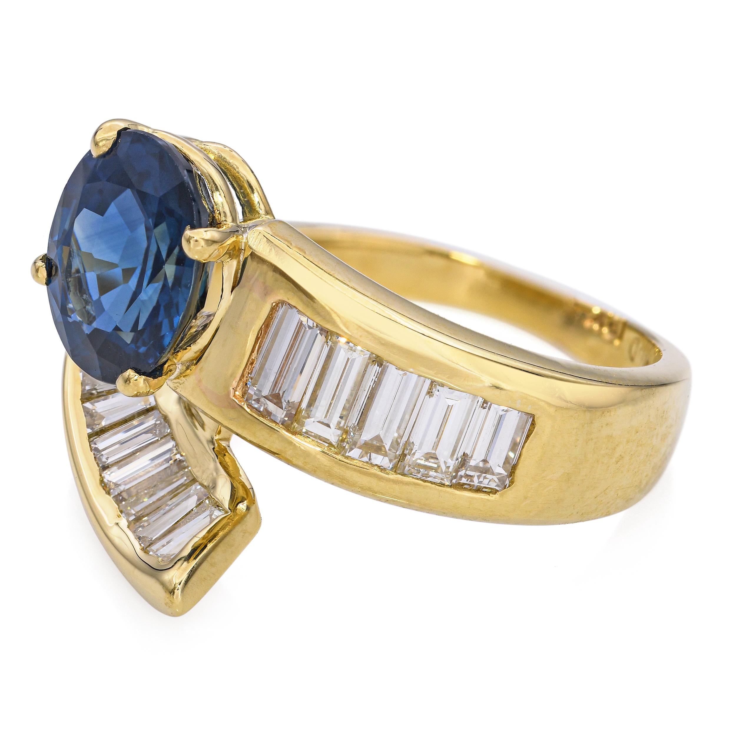 18k Yellow Gold 2.70ct Ceylon Sapphire and Diamond Bypass Ring