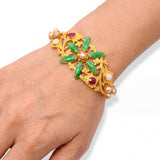 Vintage 24k Yellow Gold Jadeite Jade Pearl Opal and Synthetic Ruby Bracelet