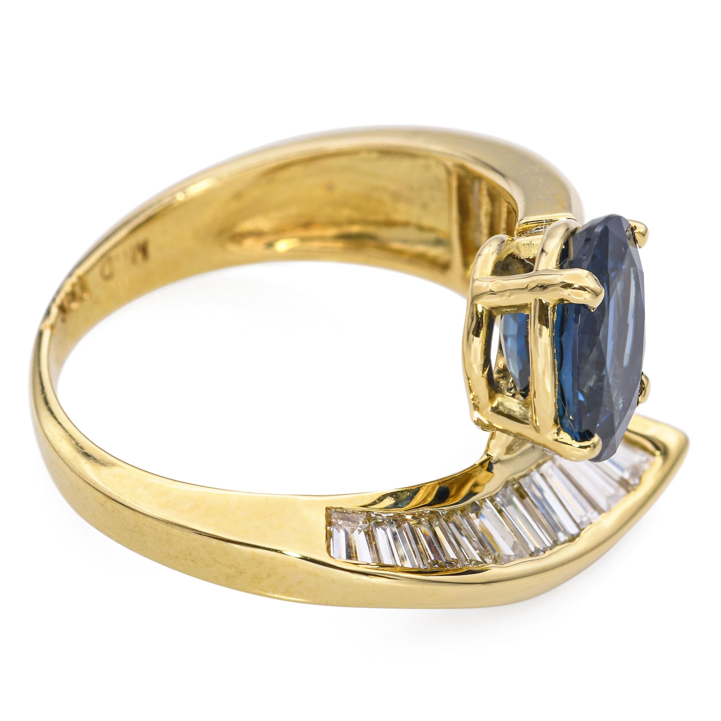 18k Yellow Gold 2.70ct Ceylon Sapphire and Diamond Bypass Ring