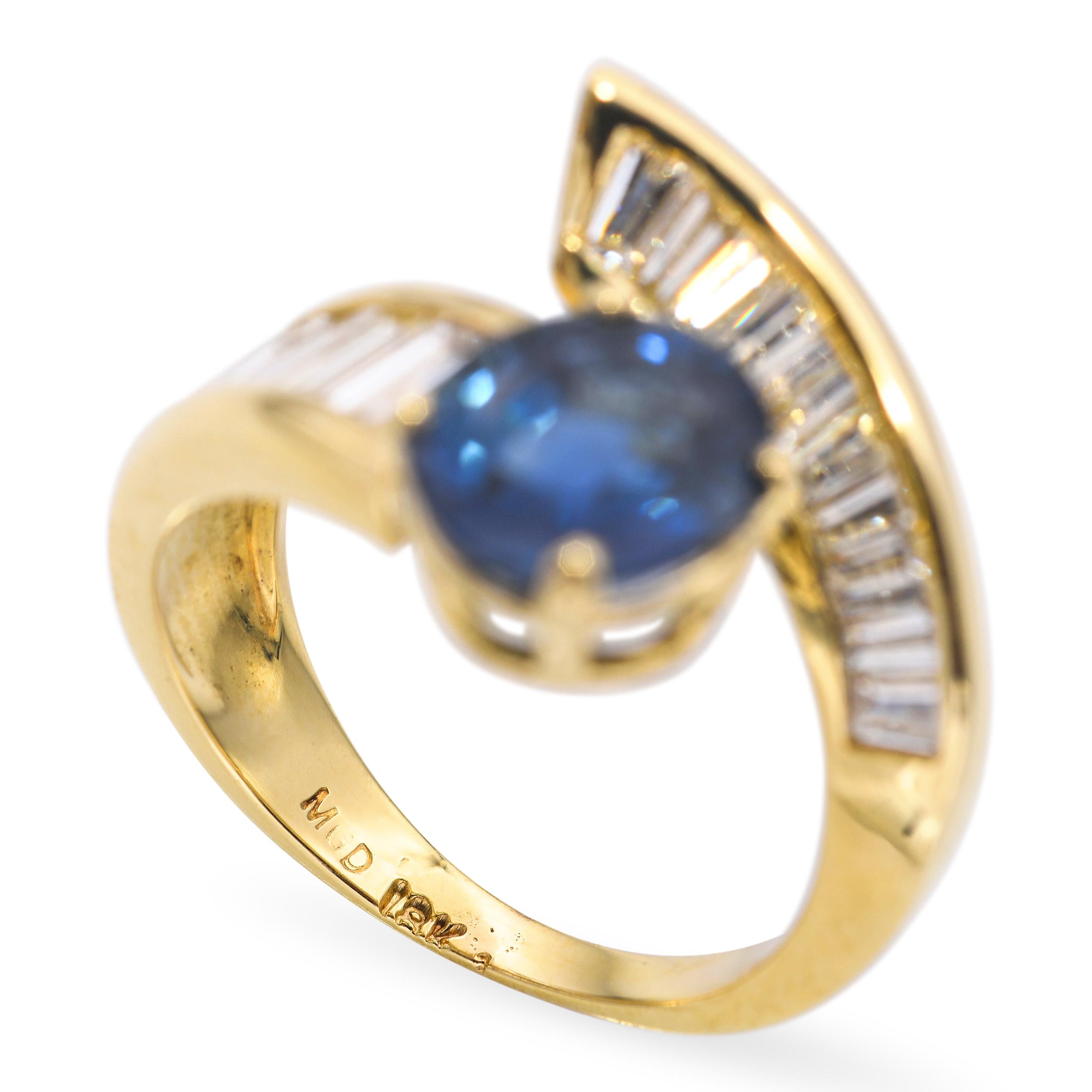 18k Yellow Gold 2.70ct Ceylon Sapphire and Diamond Bypass Ring