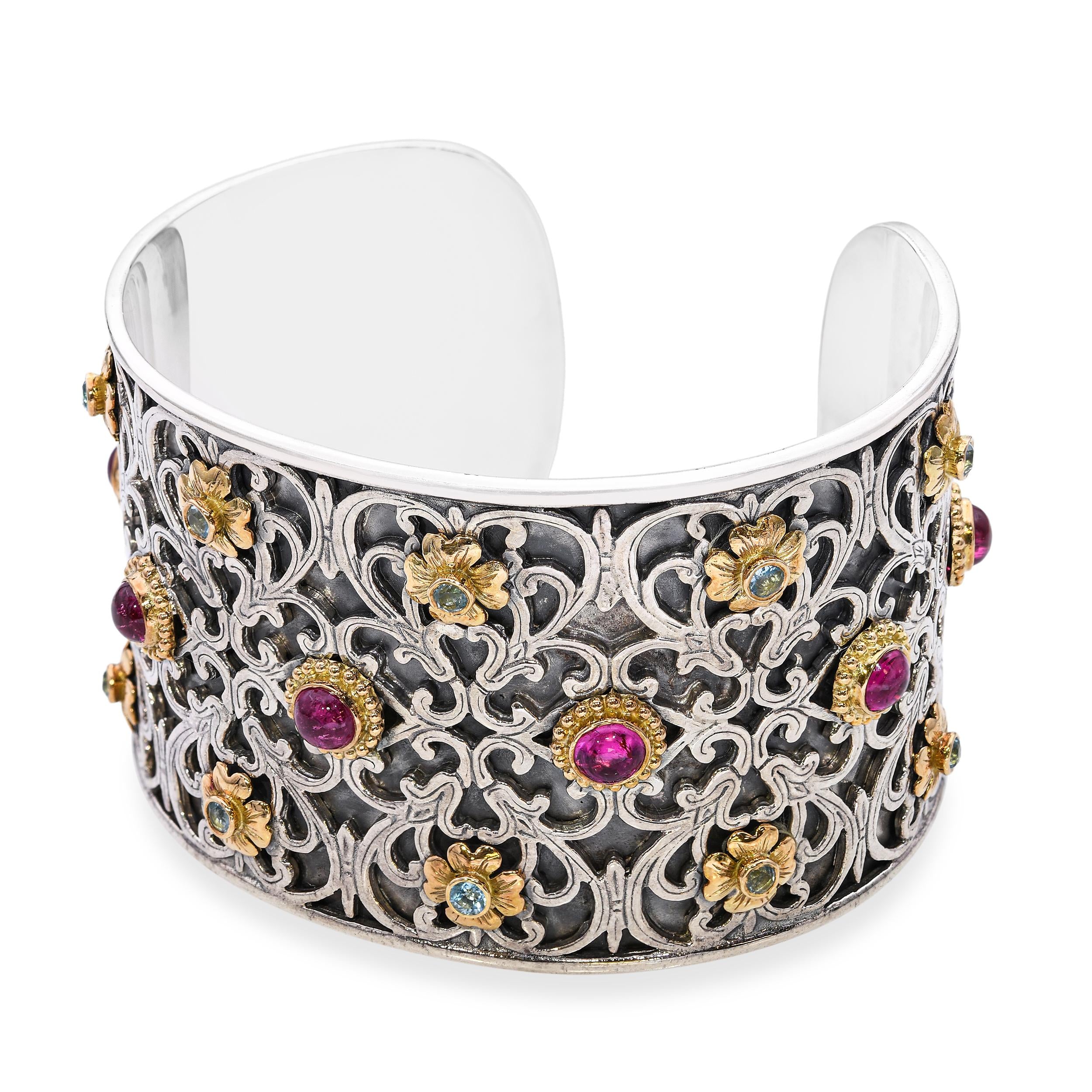 Konstantino Sterling Silver 18K Gold Blue Topaz & Pink Tourmaline Cuff Bracelet